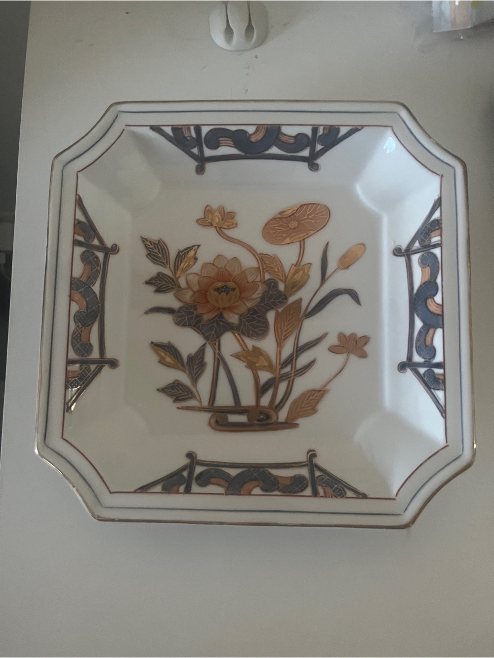 White Porcelain Floral Dish with Gold and Dark Blue Accents